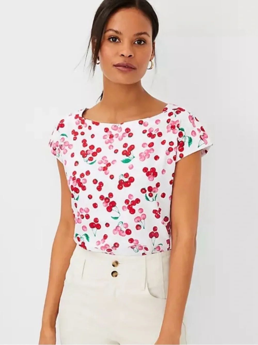 Ann Taylor SP White Red Pink Green Raspberry Cherry Linen Blend Sleeveless Top